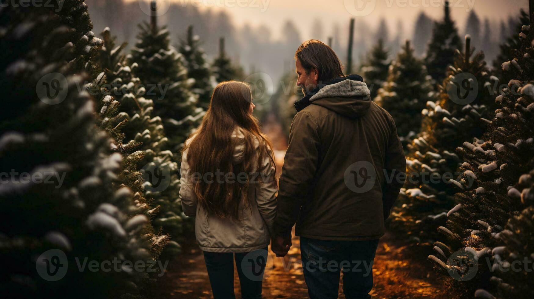 jovem romântico casal caminhando para escolher uma Natal árvore às a Fazenda. generativo ai. foto