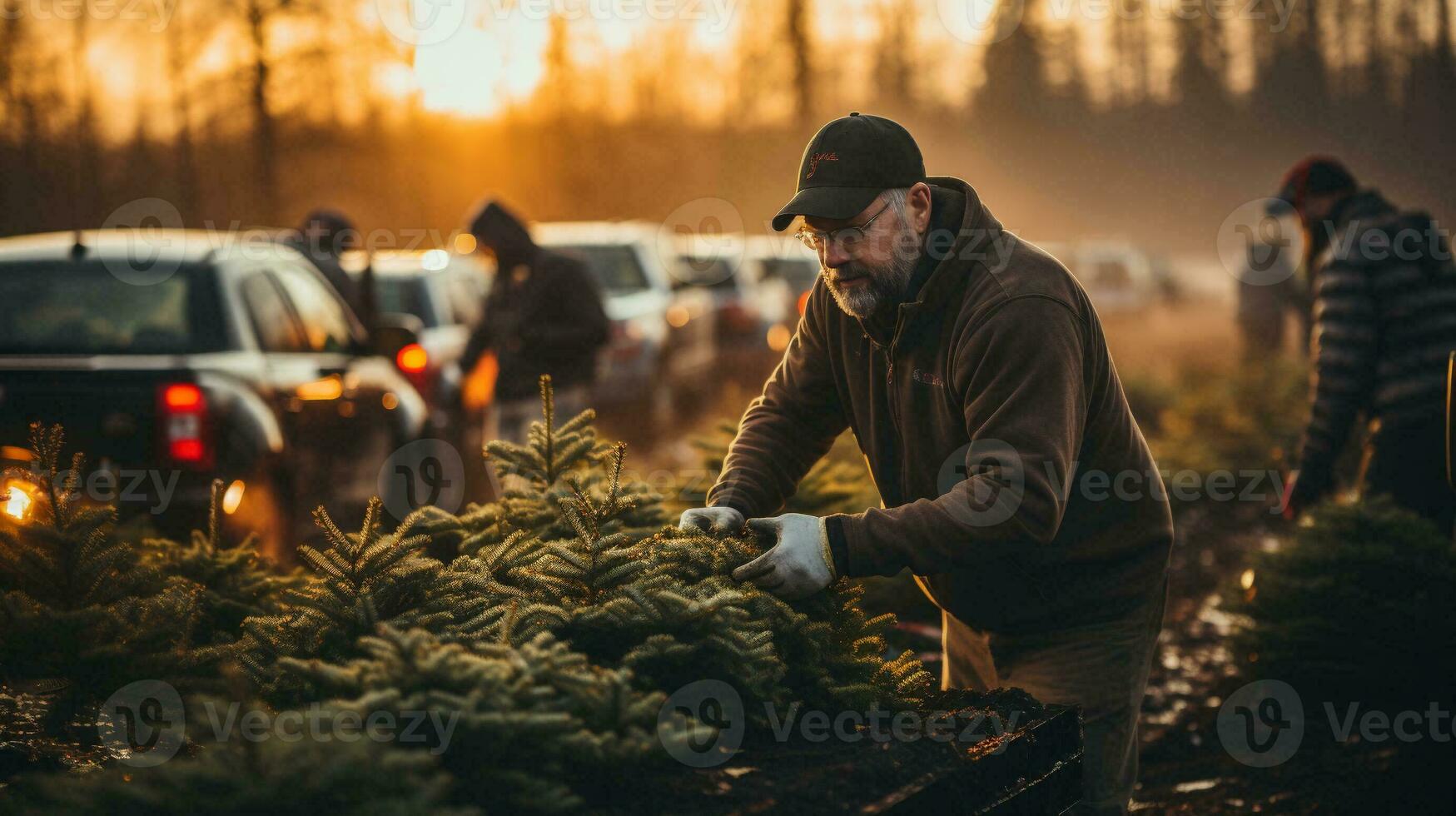 meia idade homem trabalhando às a Natal árvore Fazenda durante a feriado temporada. generativo ai. foto