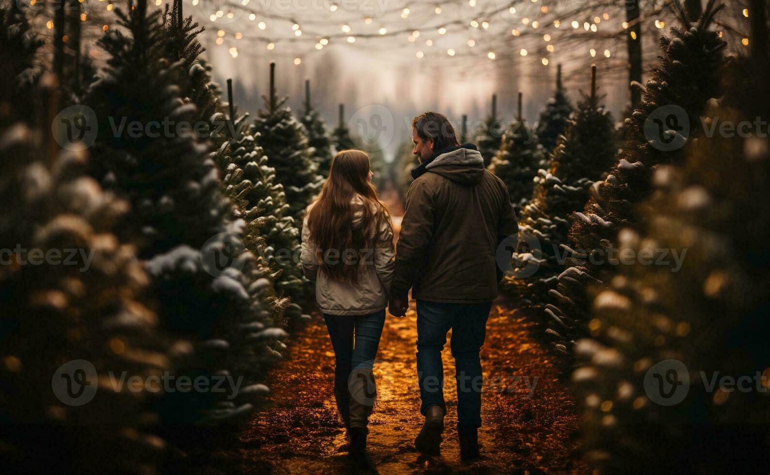 jovem romântico casal caminhando para escolher uma Natal árvore às a Fazenda. generativo ai. foto