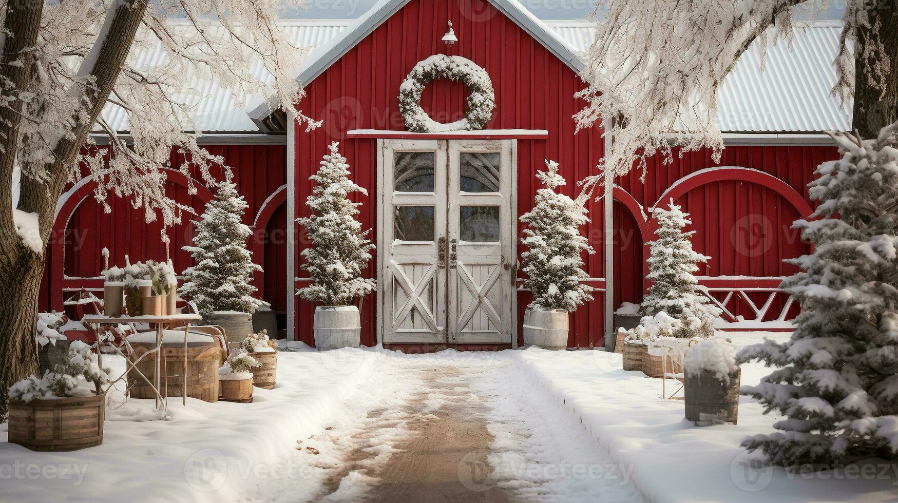 vermelho celeiro, casa ou fazer compras decorado para Natal dentro uma lindo inverno Nevado cena. generativo ai. foto
