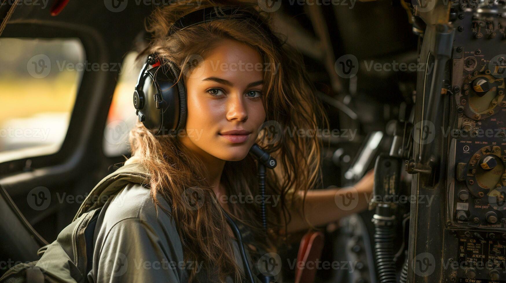 fêmea militares helicóptero piloto dentro a cockpit - generativo ai. foto