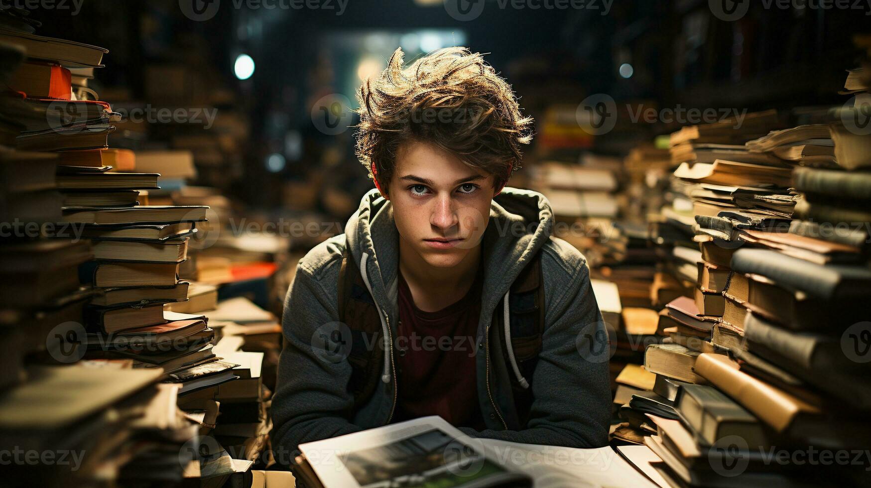 jovem Garoto aluna sentado atordoado e sobrecarregado no meio uma Nunca final pilha do livros e papéis em torno da ele - generativo ai. foto