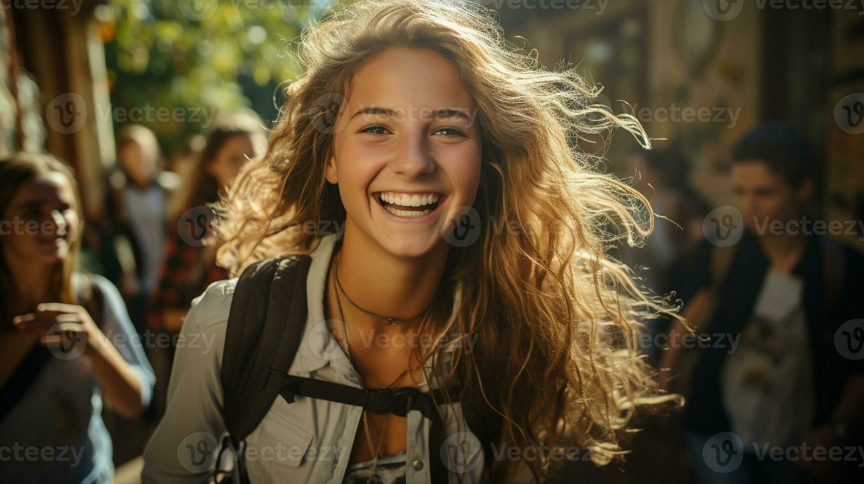 feliz e animado adolescente alunos caminhando em a campus do seus escola - generativo ai. foto