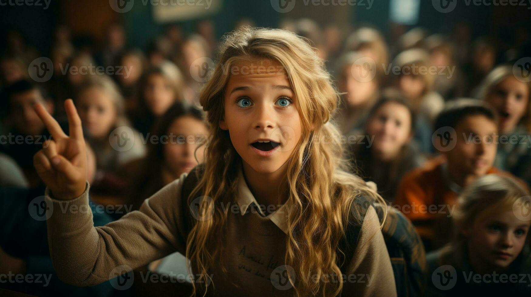 jovem menina aluna levantando dela mão dentro a Sala de aula configuração - generativo ai. foto