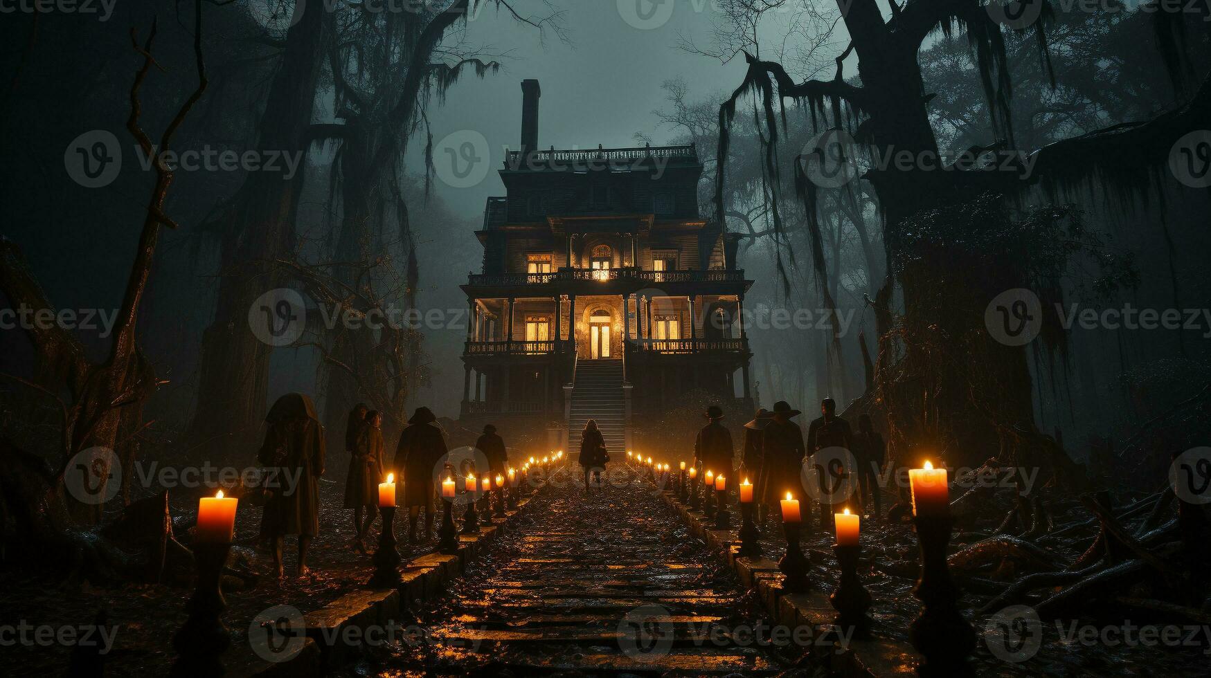 silhueta do de várias pessoas caminhando baixa a lanterna aceso passarela em dia das Bruxas noite em direção a uma assustador casa - generativo ai. foto
