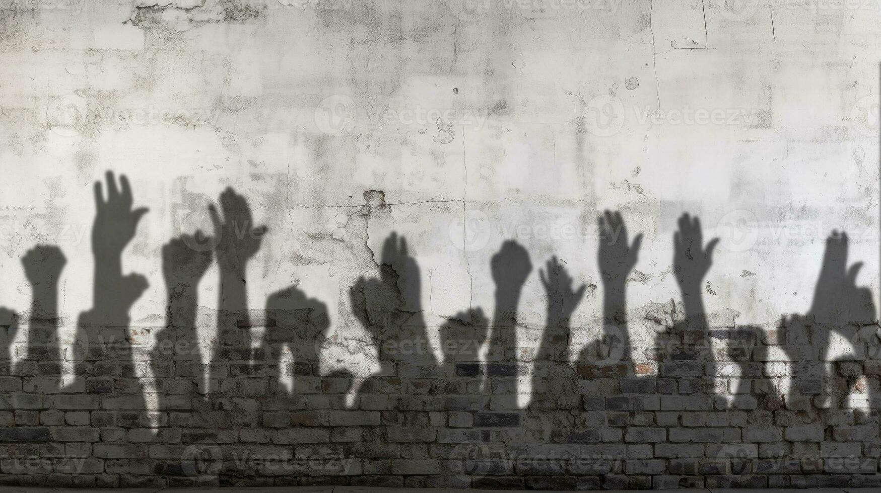 sombra do a mãos, braços e punhos do manifestantes contra uma sujo em branco tijolo parede pronto para seu texto. foto