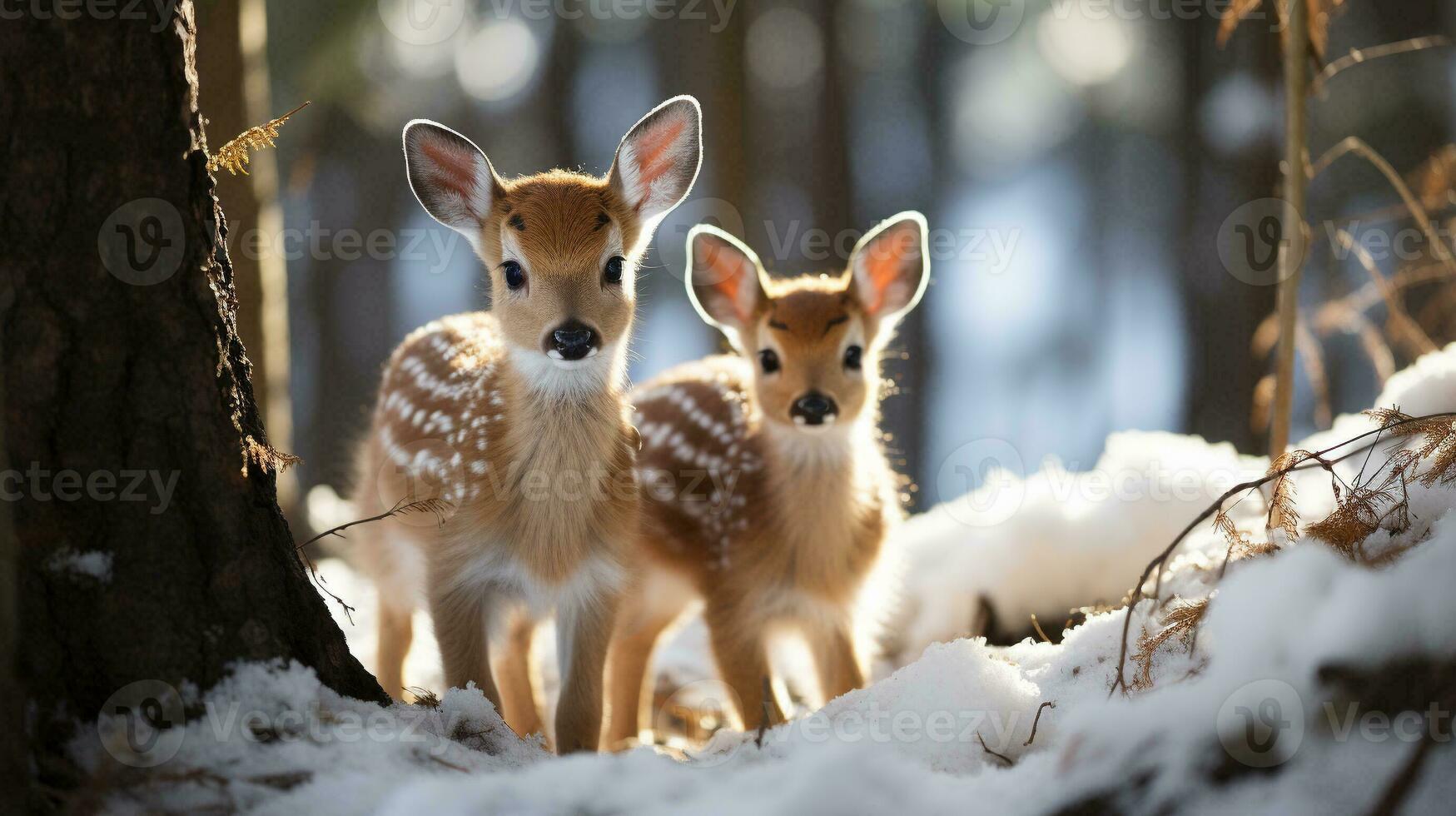 dois adorável castanho veado dentro a inverno região selvagem. generativo ai. foto