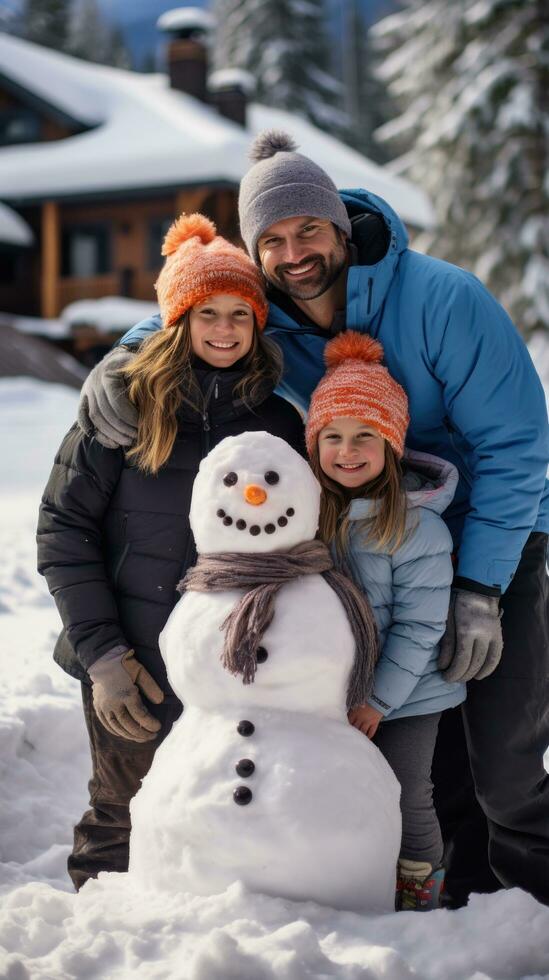 feliz família construção boneco de neve dentro frente do seus casa foto