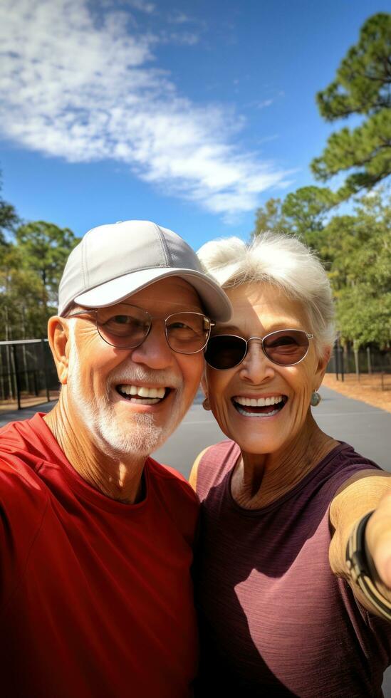 maduro casal desfrutando uma jogos do pickleball ao ar livre foto