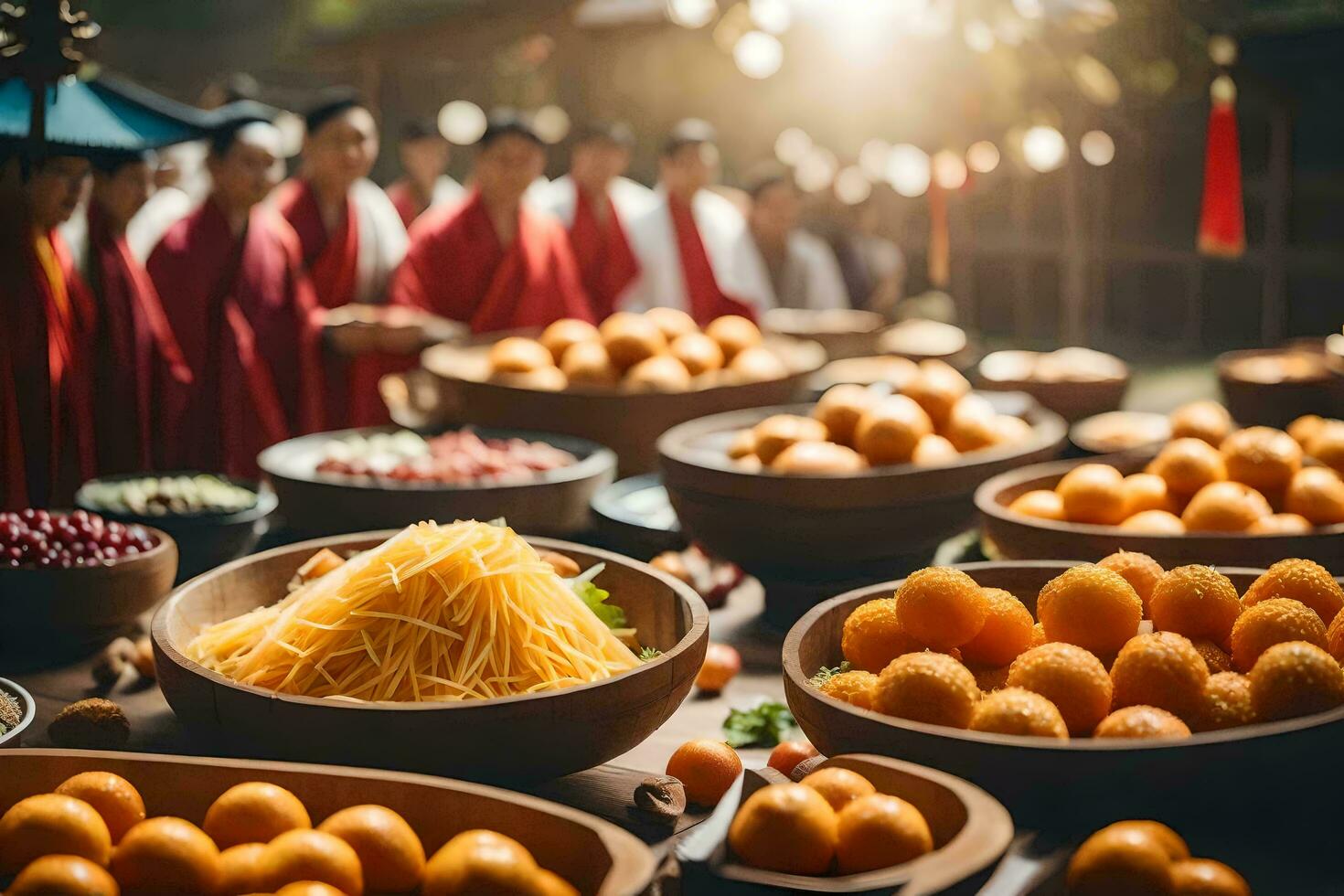 uma mesa com taças do Comida e pessoas dentro vermelho roupões. gerado por IA foto