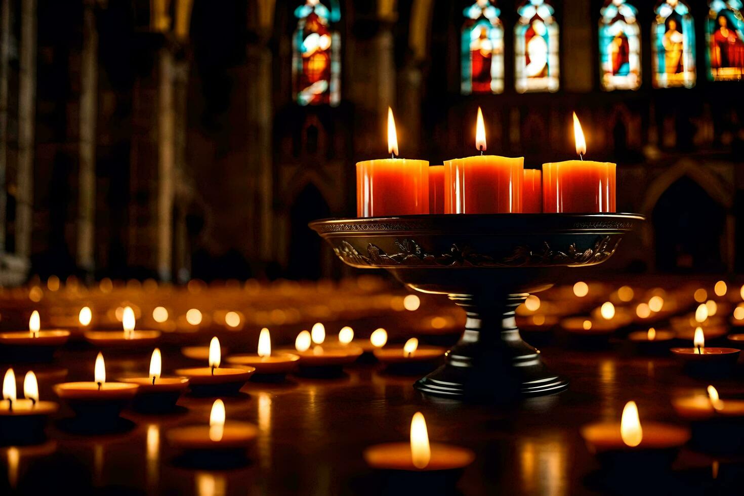 velas dentro uma Igreja com manchado vidro janelas. gerado por IA foto