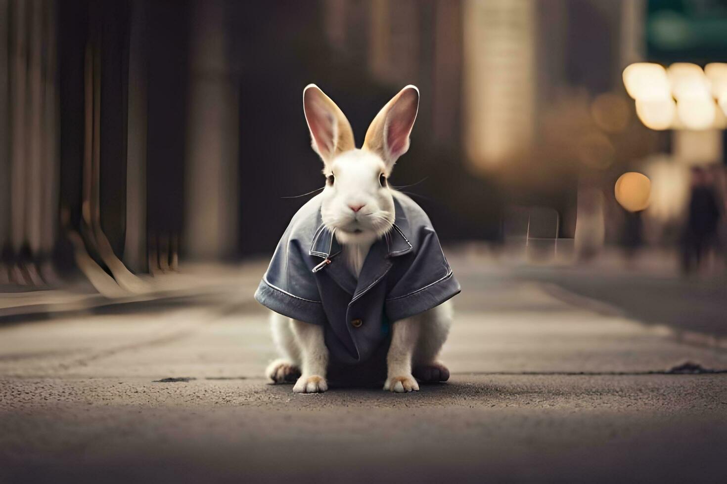 uma Coelho vestindo uma camisa em a rua. gerado por IA foto