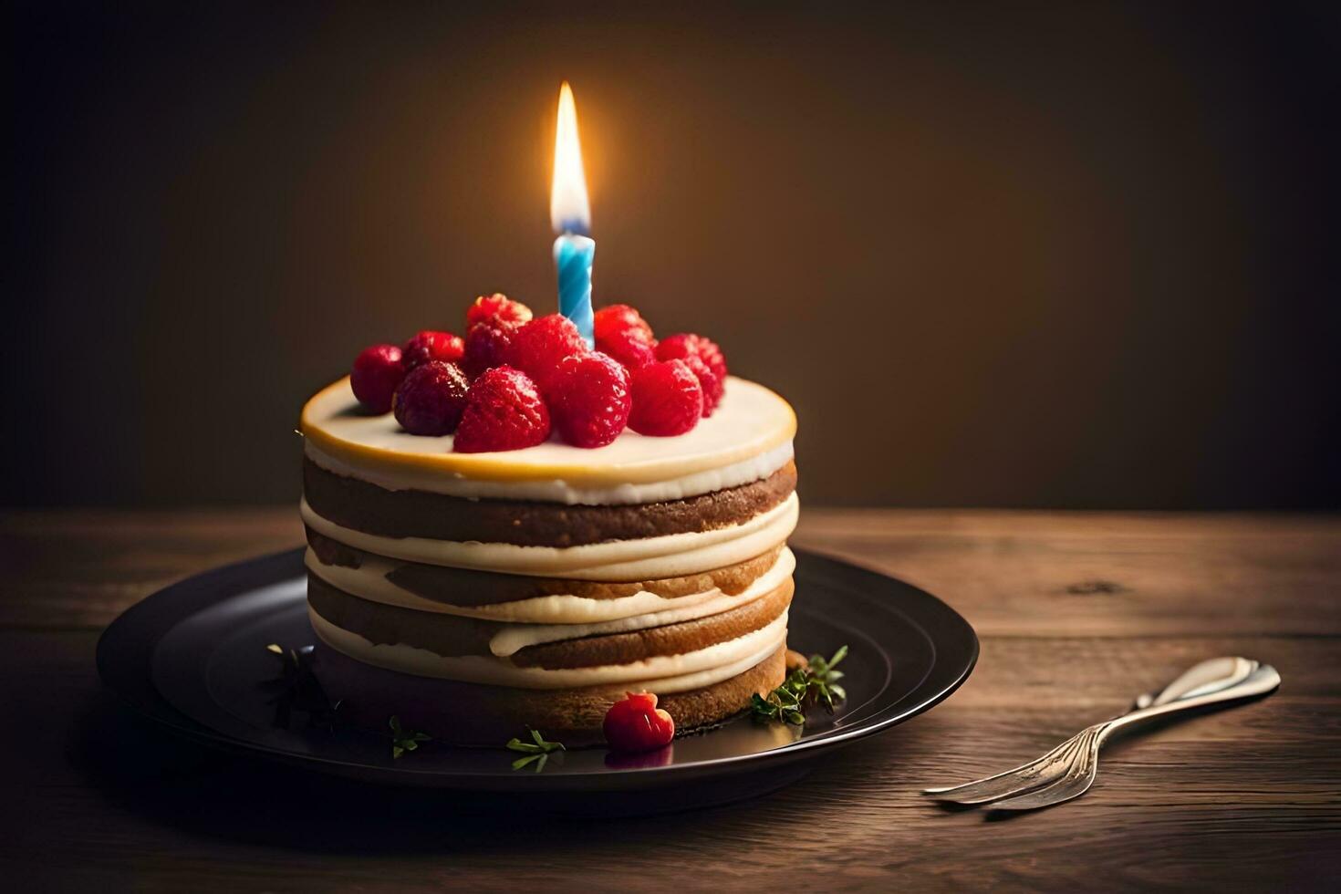 aniversário bolo com vela em Sombrio fundo. gerado por IA foto