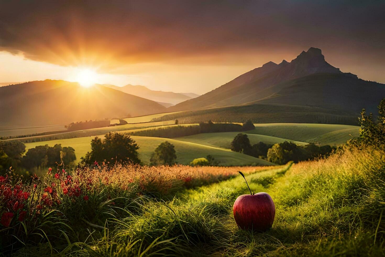 uma vermelho maçã é sentado em uma Colina dentro frente do uma montanha. gerado por IA foto