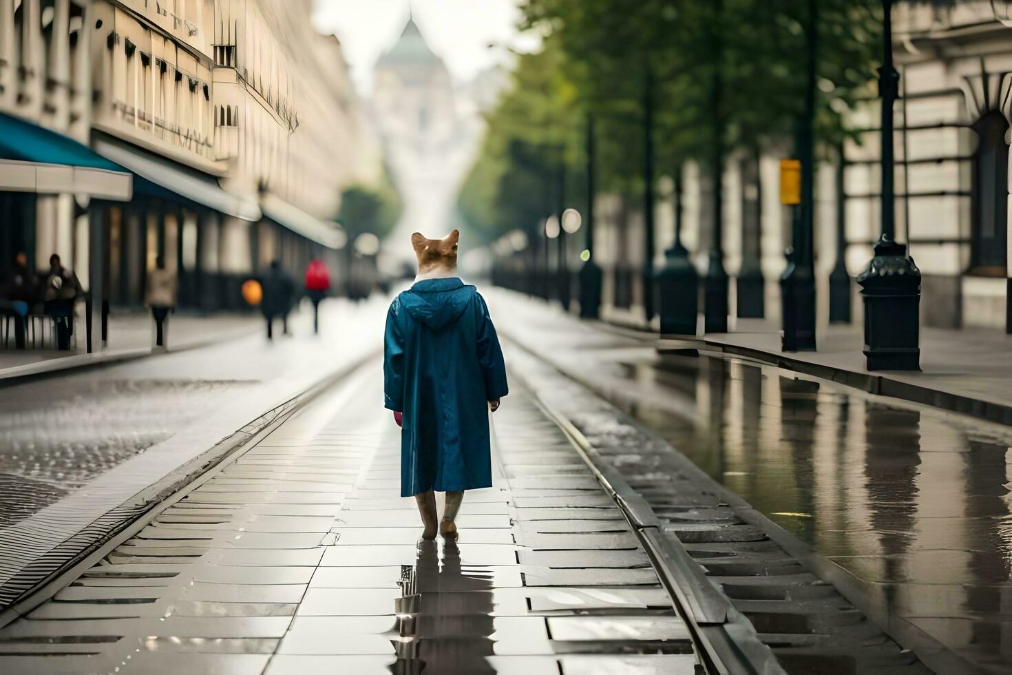 uma cachorro dentro uma azul casaco caminhando baixa uma rua. gerado por IA foto