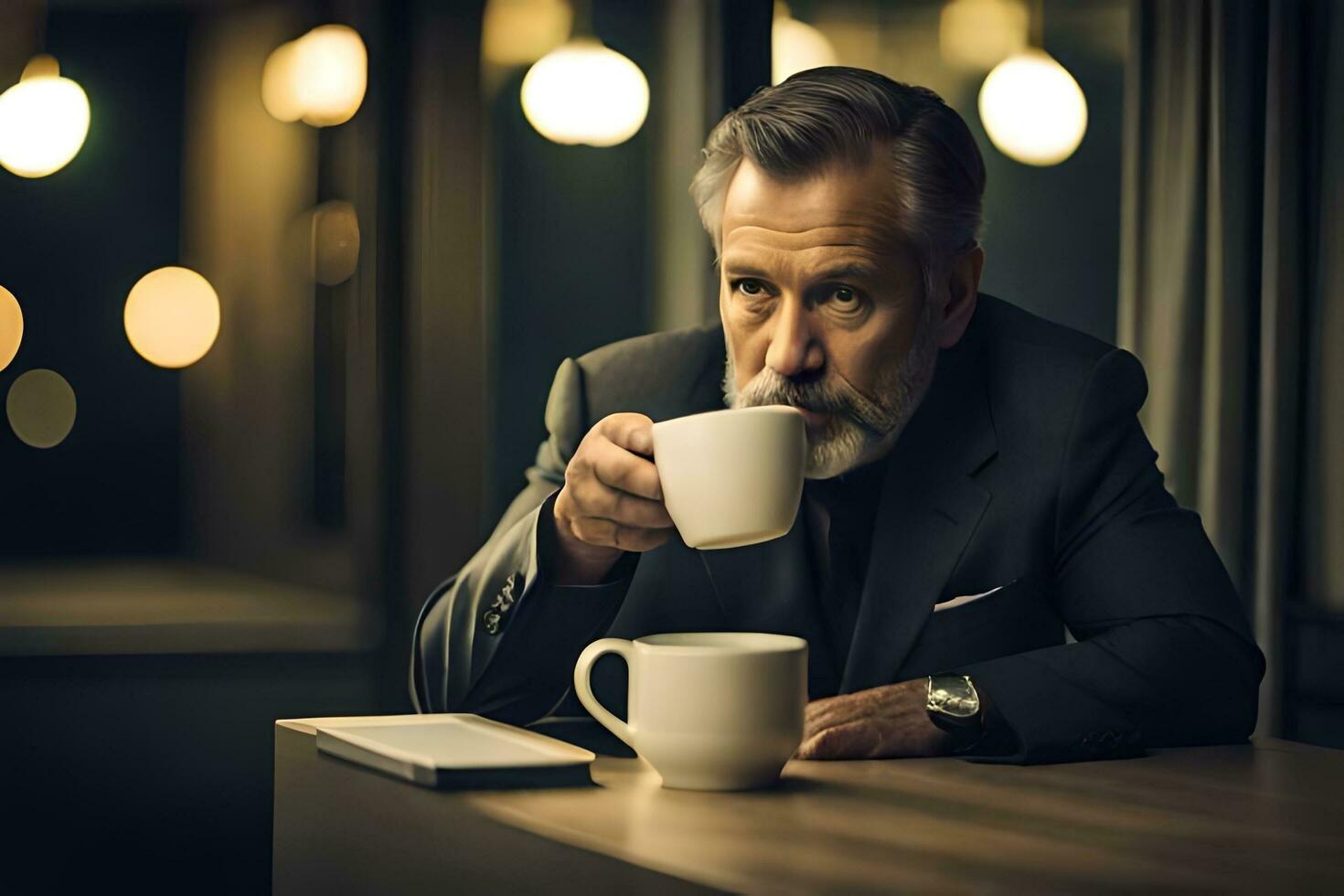uma homem dentro uma terno bebendo café. gerado por IA foto