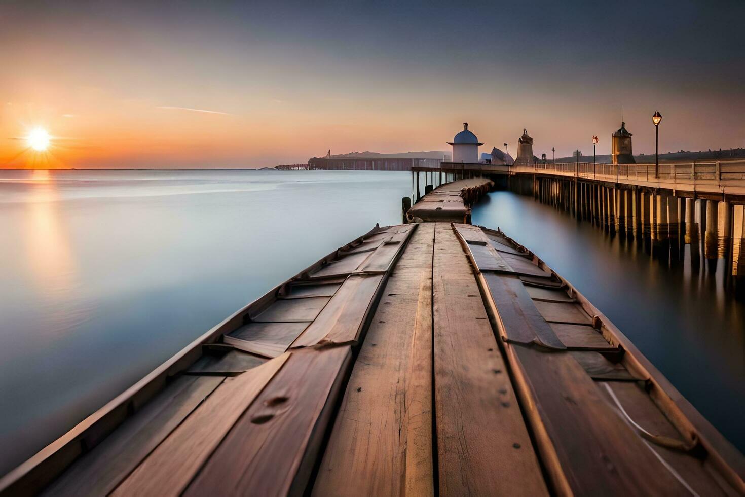 uma grandes exposição fotografia do uma cais às pôr do sol. gerado por IA foto