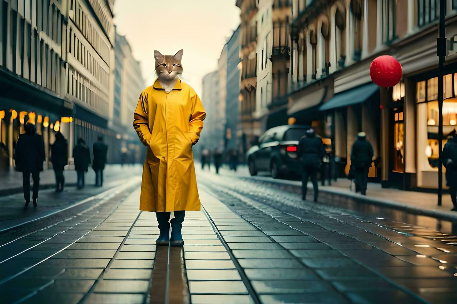 uma gato vestindo uma amarelo capa de chuva em pé em uma rua. gerado por IA foto