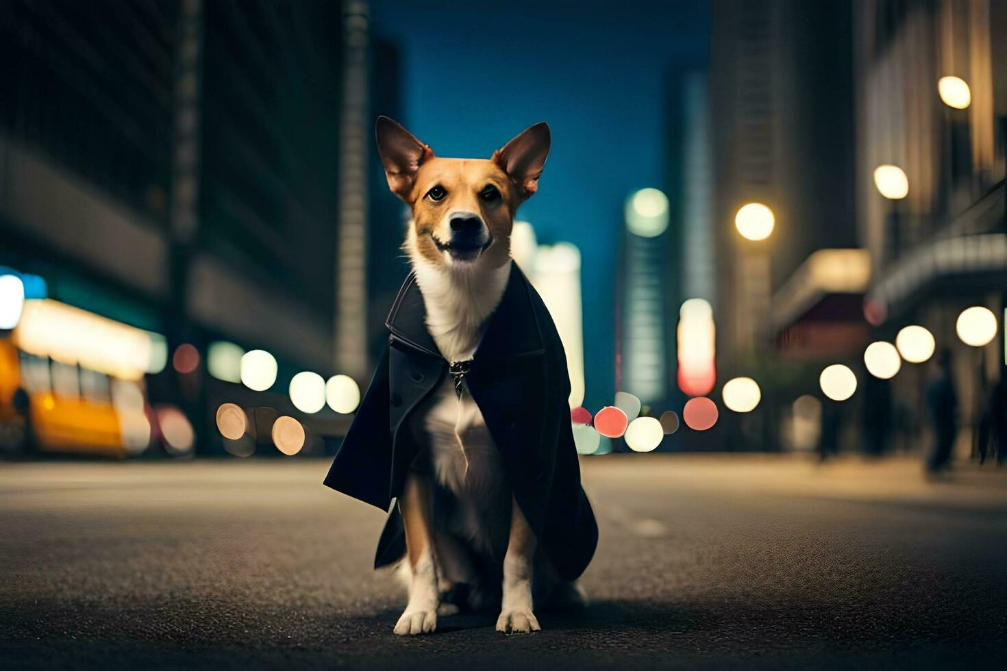 uma cachorro dentro uma casaco sentado em a rua às noite. gerado por IA foto