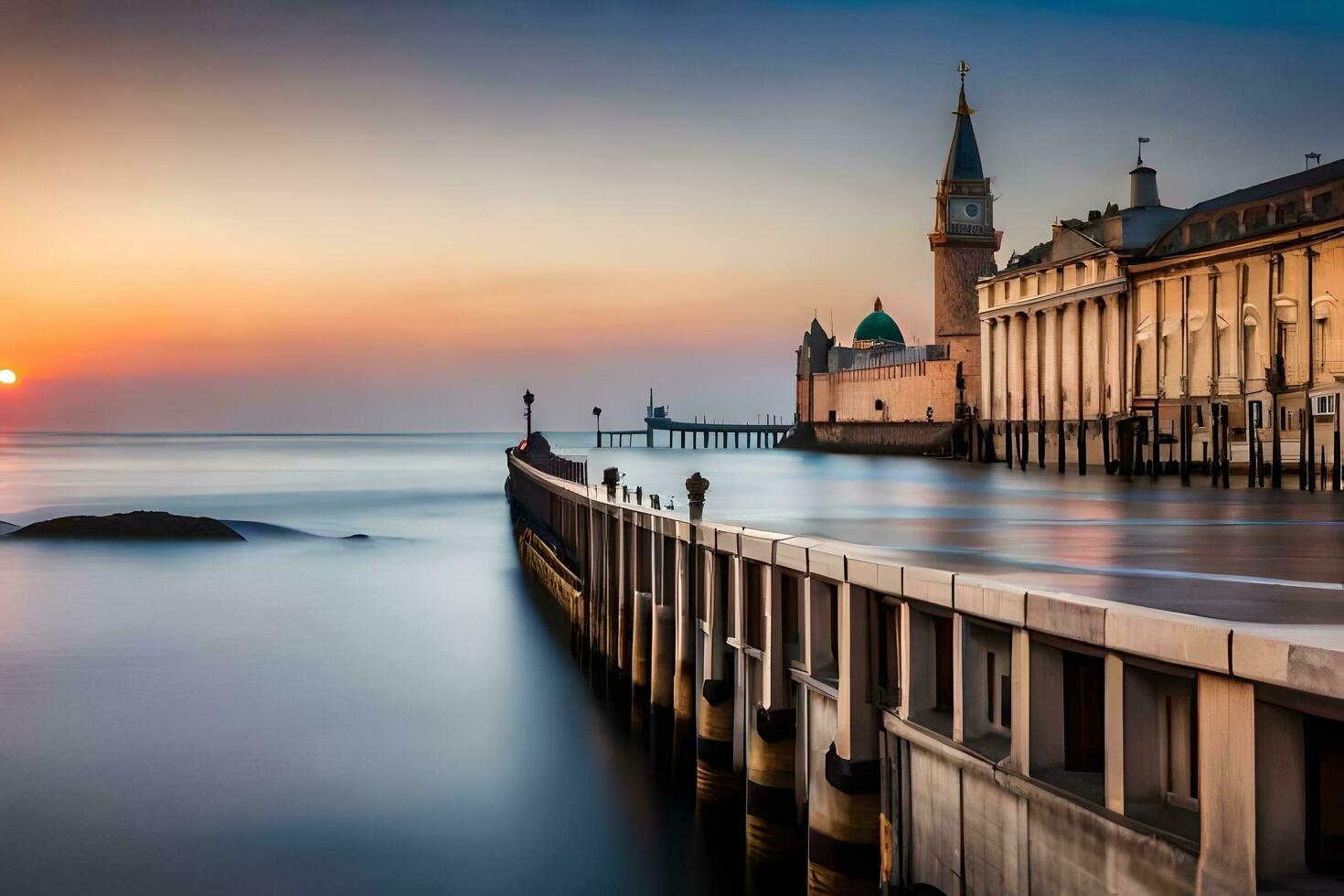 uma grandes exposição fotografia do uma cais e uma Igreja às pôr do sol. gerado por IA foto