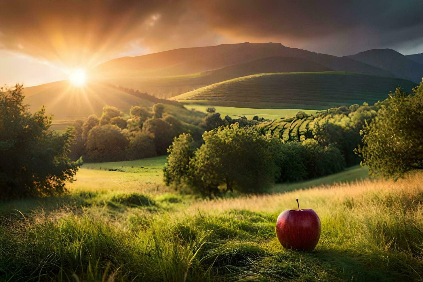 uma vermelho maçã senta dentro a meio do uma campo. gerado por IA foto