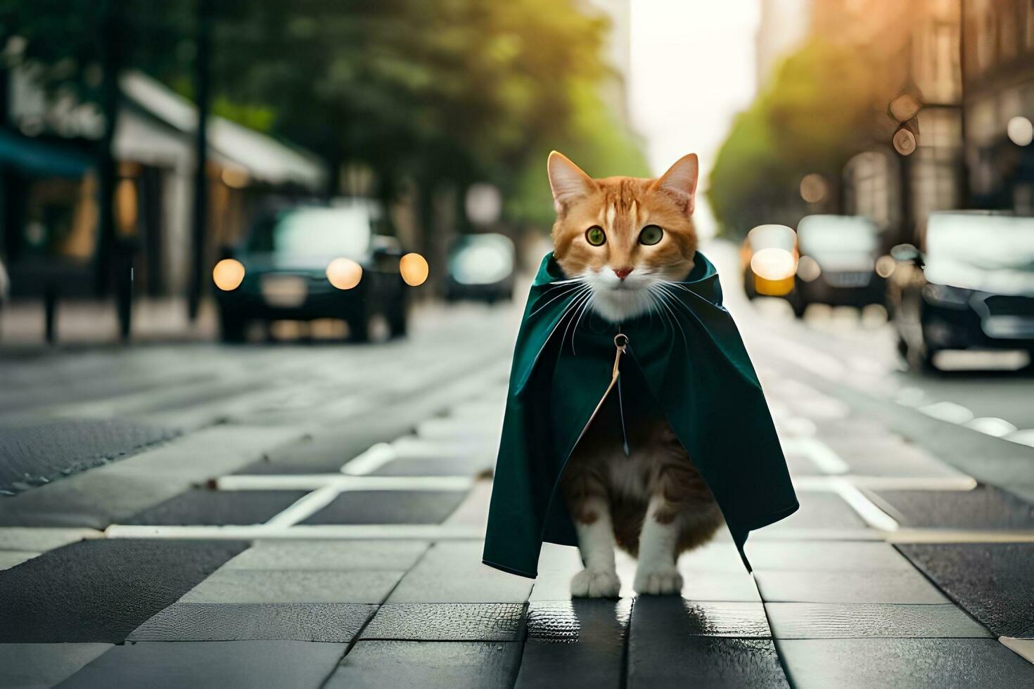 uma gato vestindo uma verde capa em uma cidade rua. gerado por IA foto