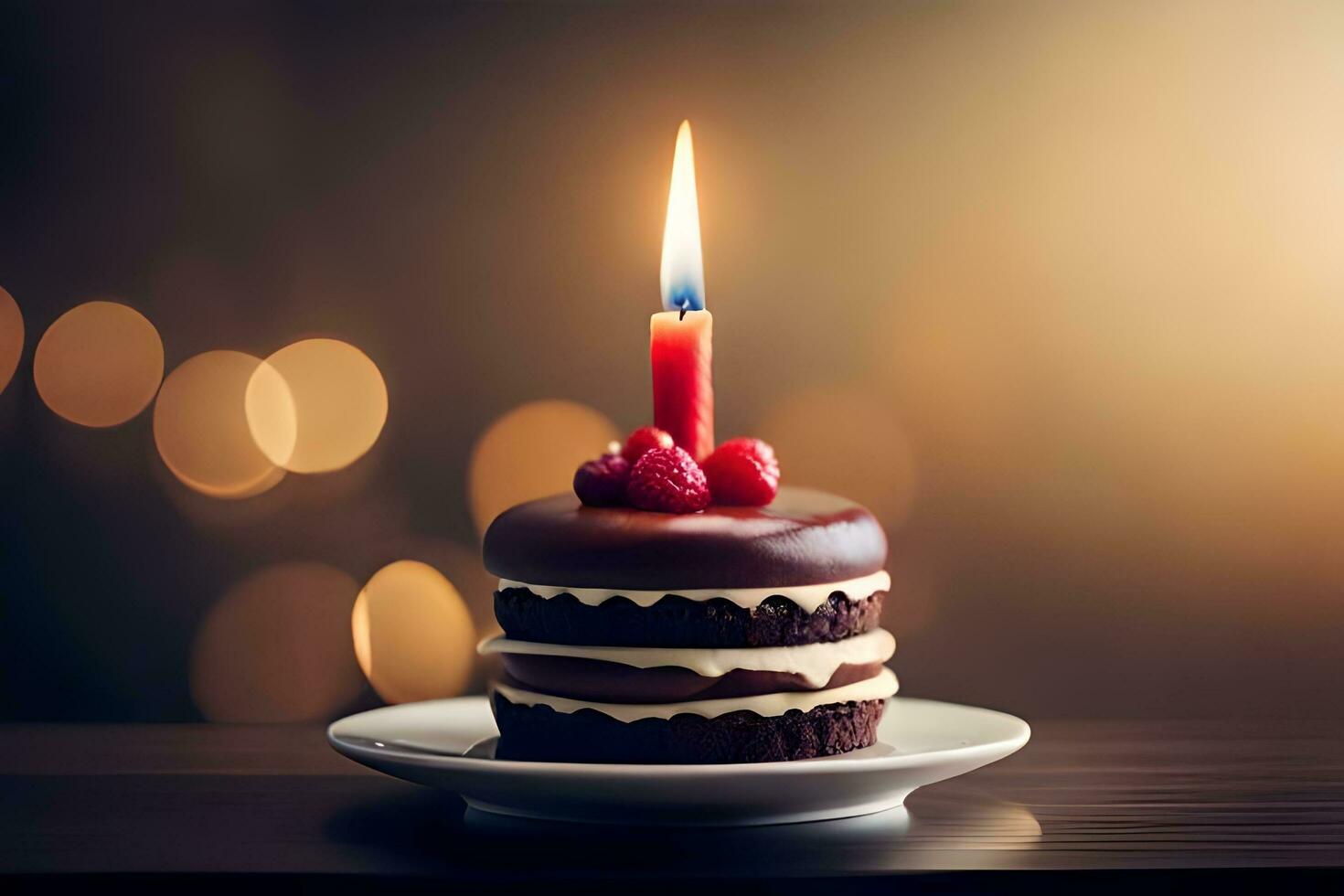 aniversário bolo com vela em topo em mesa com bokeh fundo. gerado por IA foto