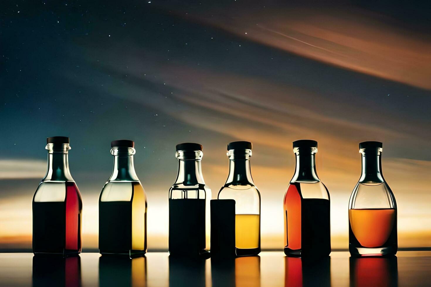seis garrafas do licor contra uma Sombrio céu. gerado por IA foto