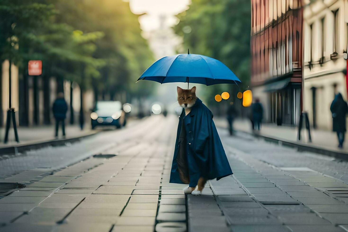 uma cachorro dentro uma azul casaco caminhando baixa uma rua. gerado por IA foto