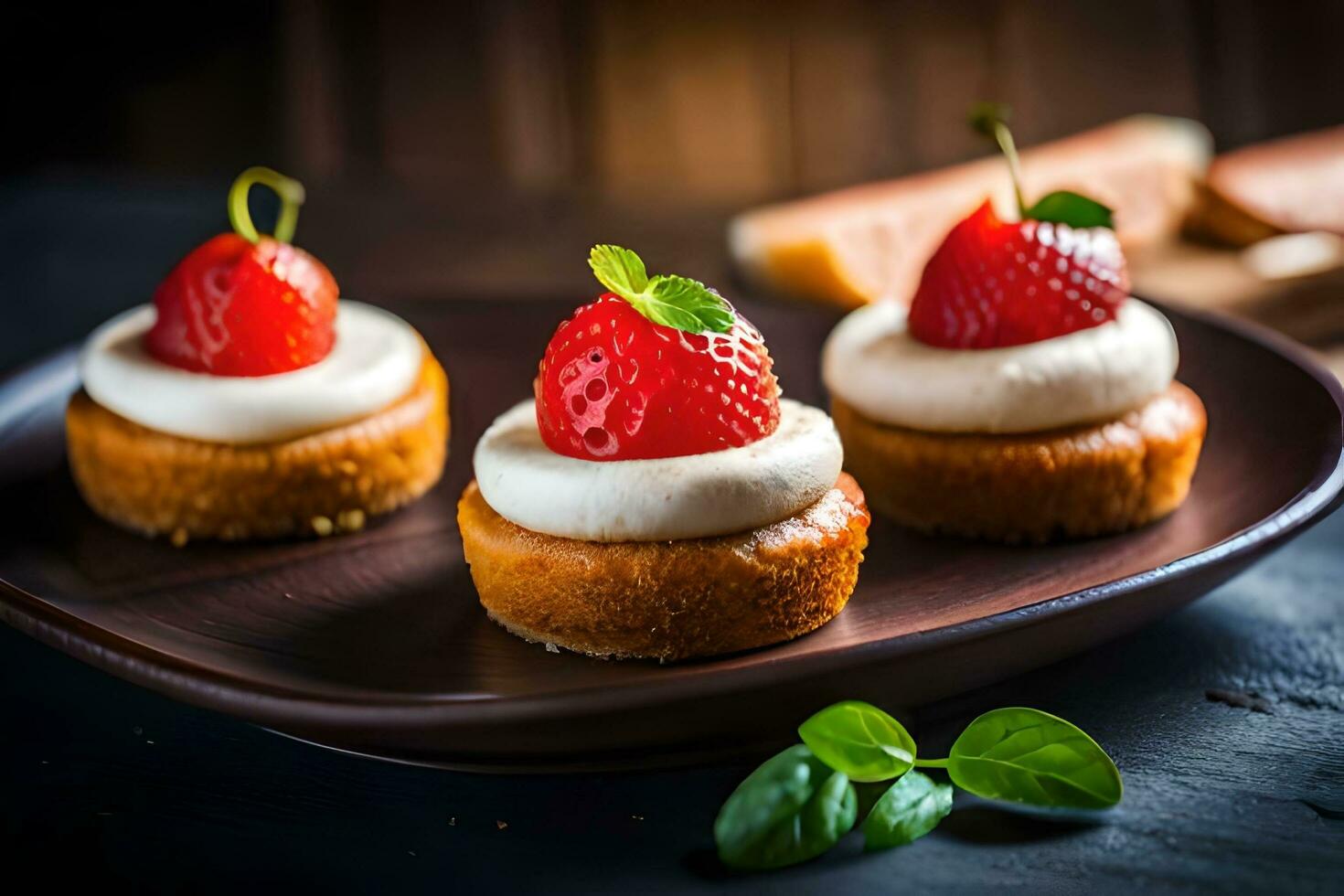 três mini bolos de copo com morangos em topo. gerado por IA foto