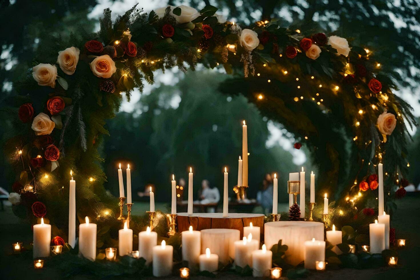 velas e flores estão arranjado por aí uma guirlanda com velas. gerado por IA foto