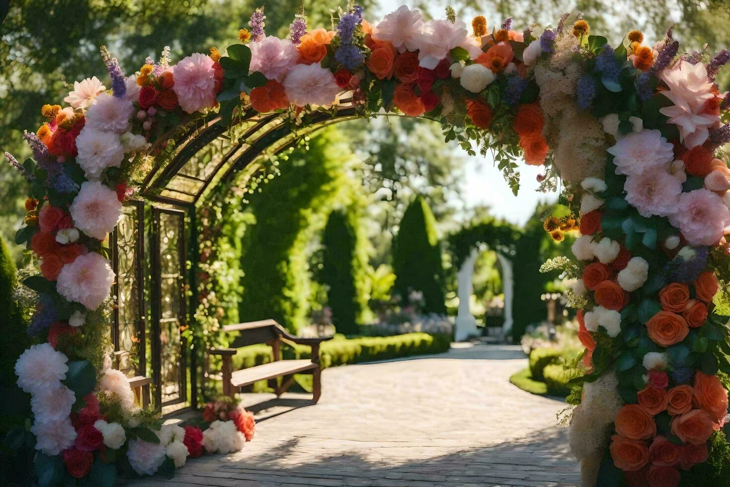 uma Casamento arco decorado com flores gerado por IA foto