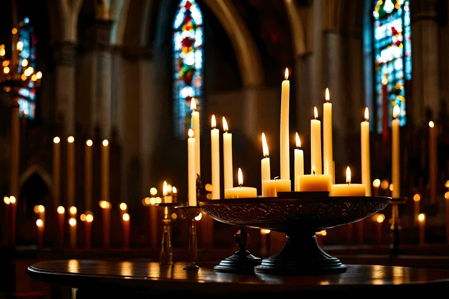 velas estão aceso dentro uma Igreja com manchado vidro janelas. gerado por IA foto