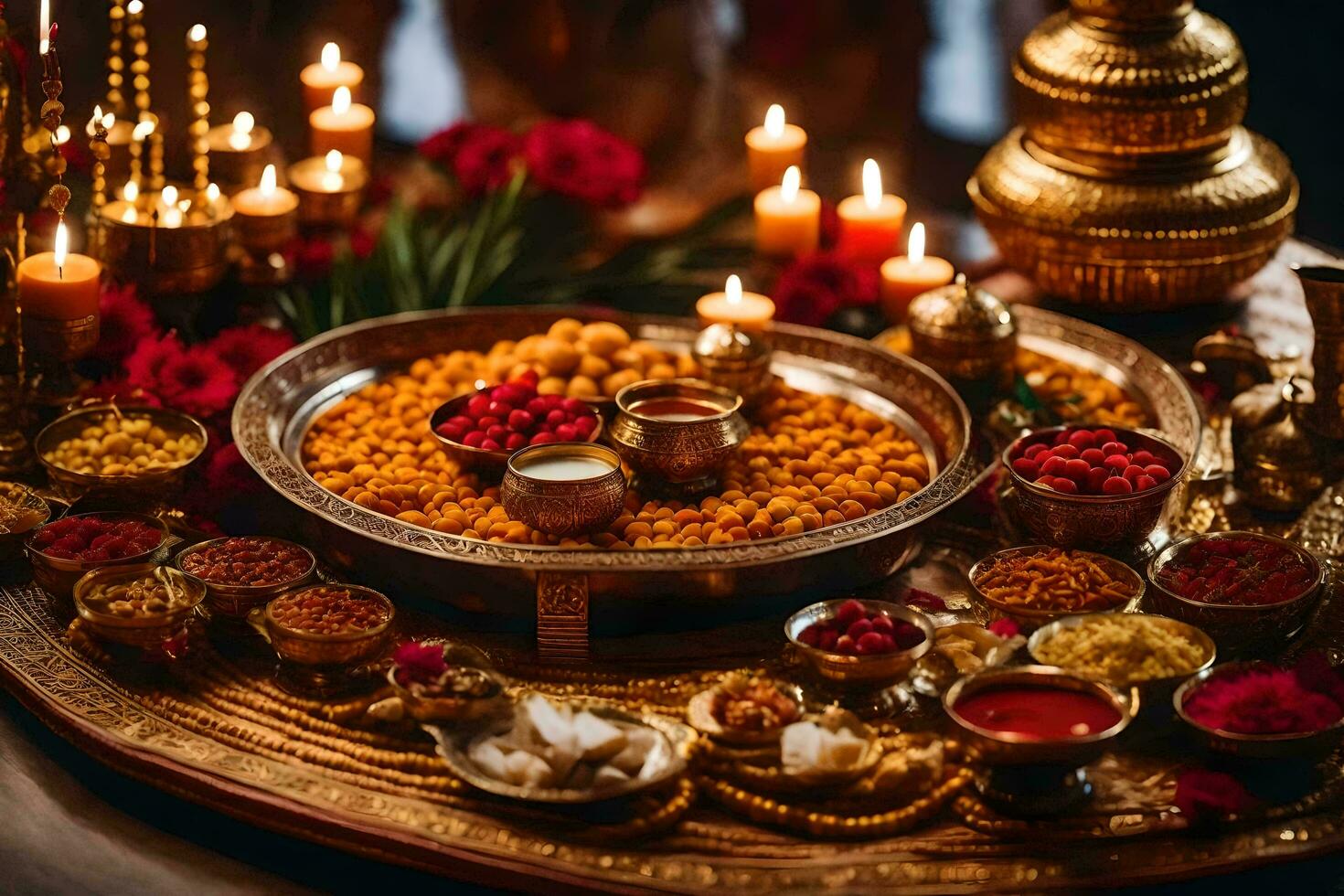 indiano Casamento cerimônia com ouro e vermelho decorações. gerado por IA foto