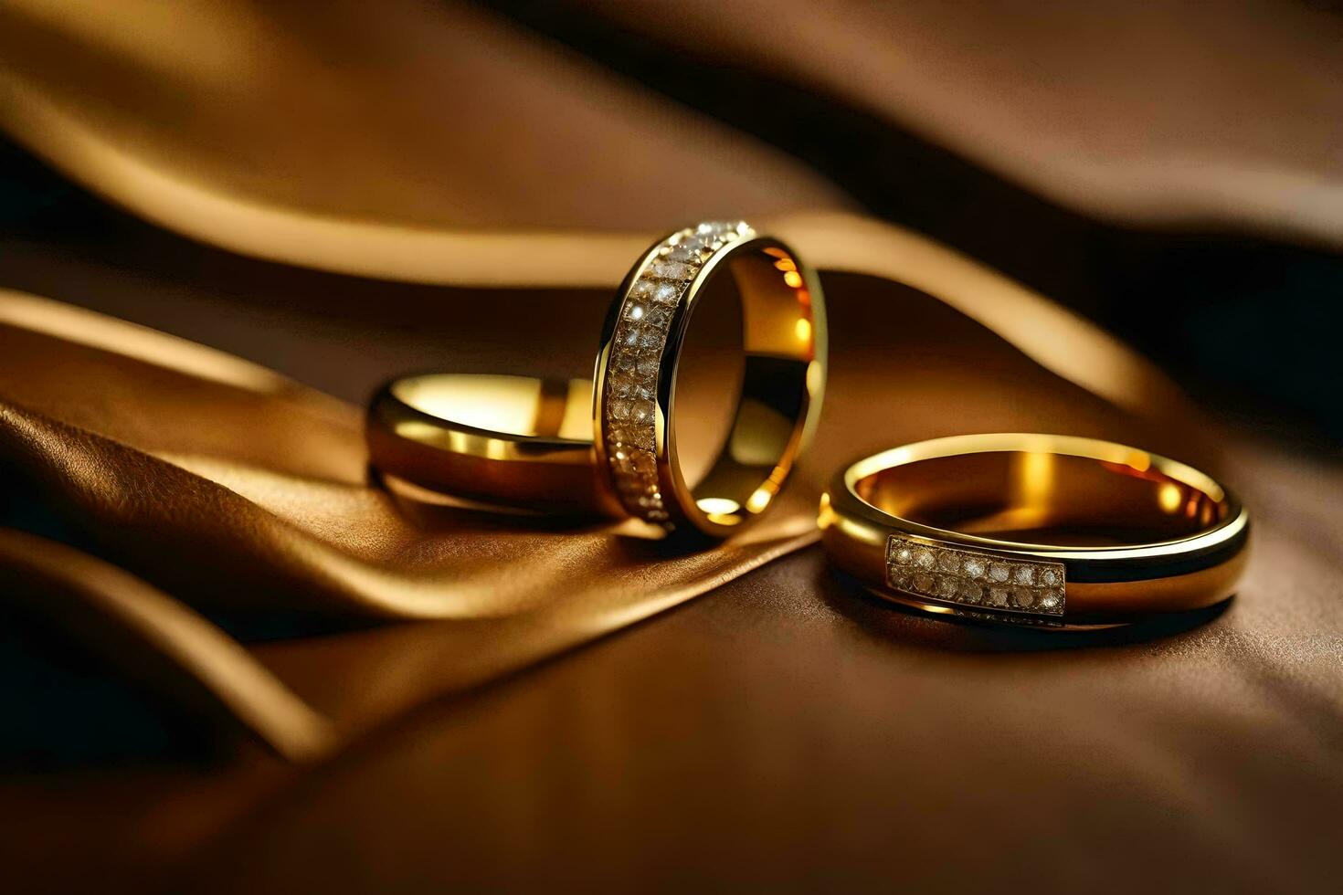 dois ouro Casamento argolas em uma Castanho pano. gerado por IA foto