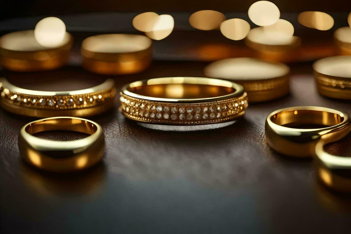 ouro Casamento argolas em uma mesa. gerado por IA foto