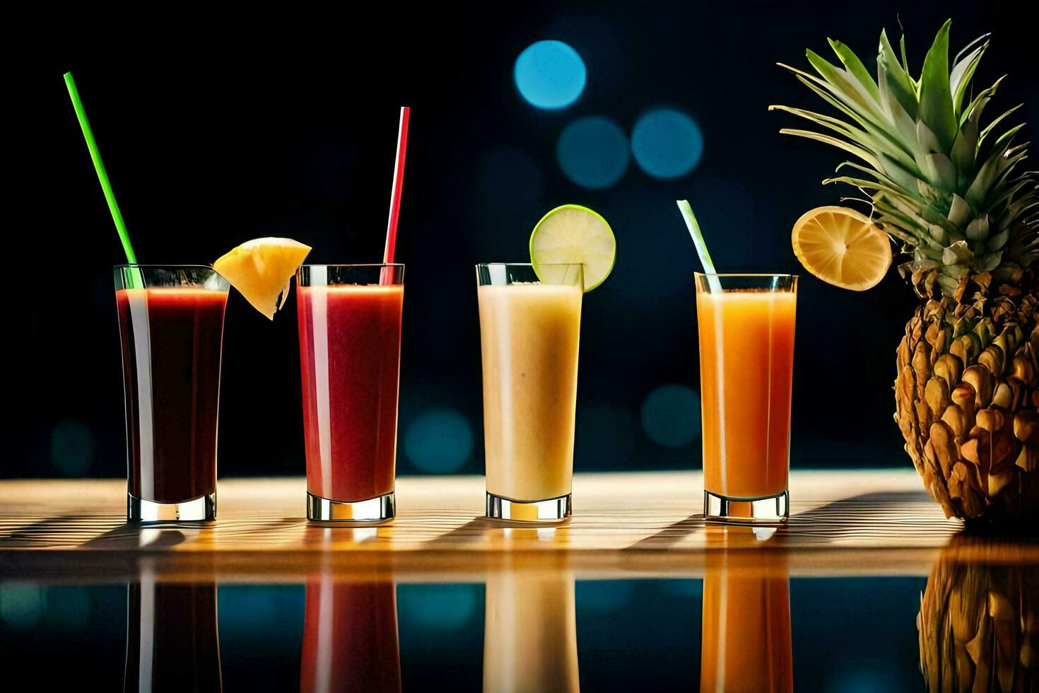 uma grupo do bebidas com abacaxi e laranja fatias. gerado por IA foto