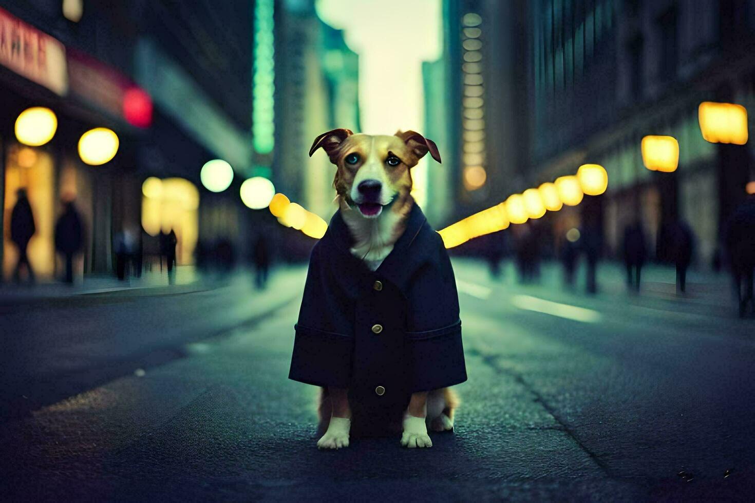 uma cachorro dentro uma casaco em pé em a rua. gerado por IA foto