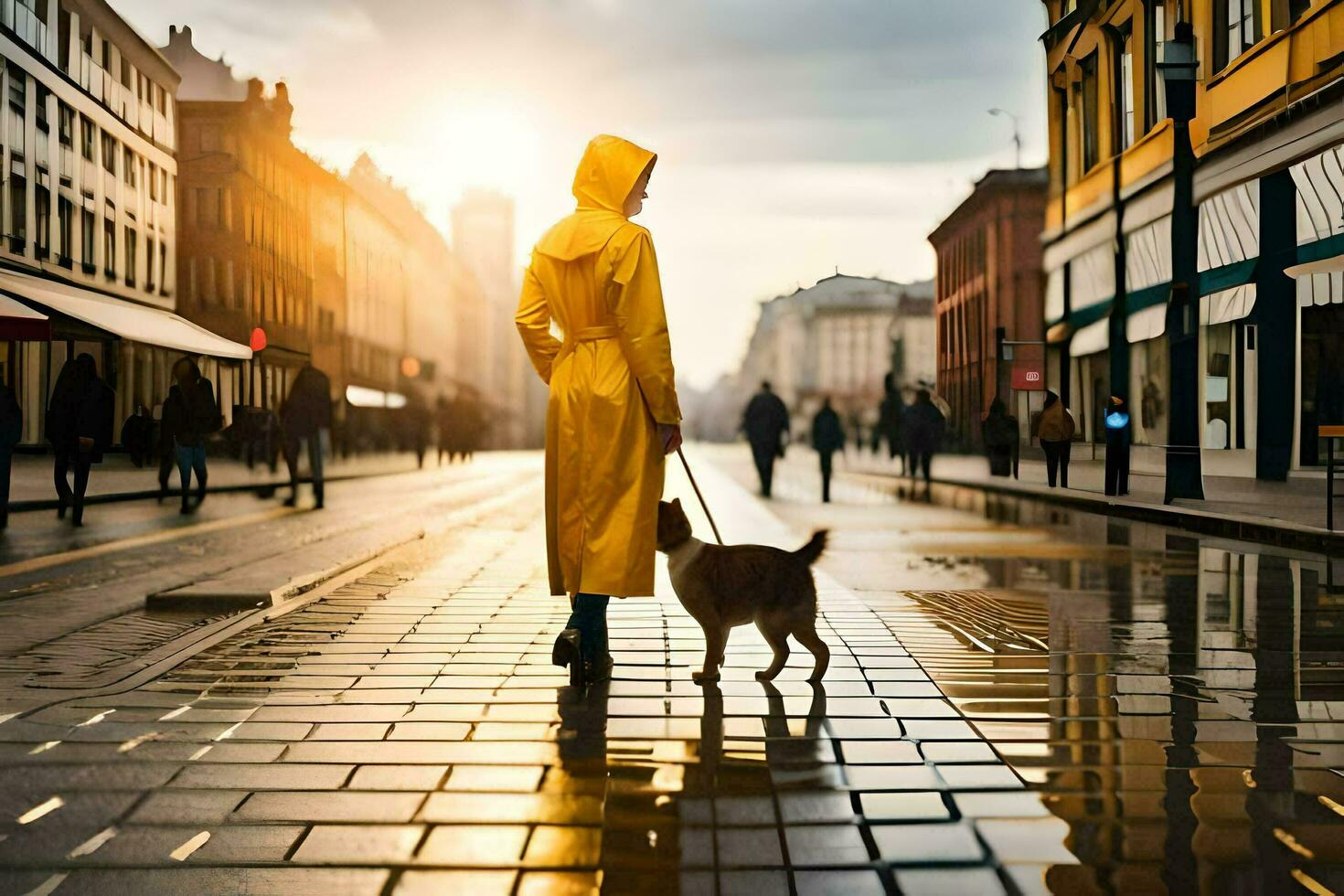 uma mulher dentro uma amarelo capa de chuva e cachorro caminhando em uma rua. gerado por IA foto