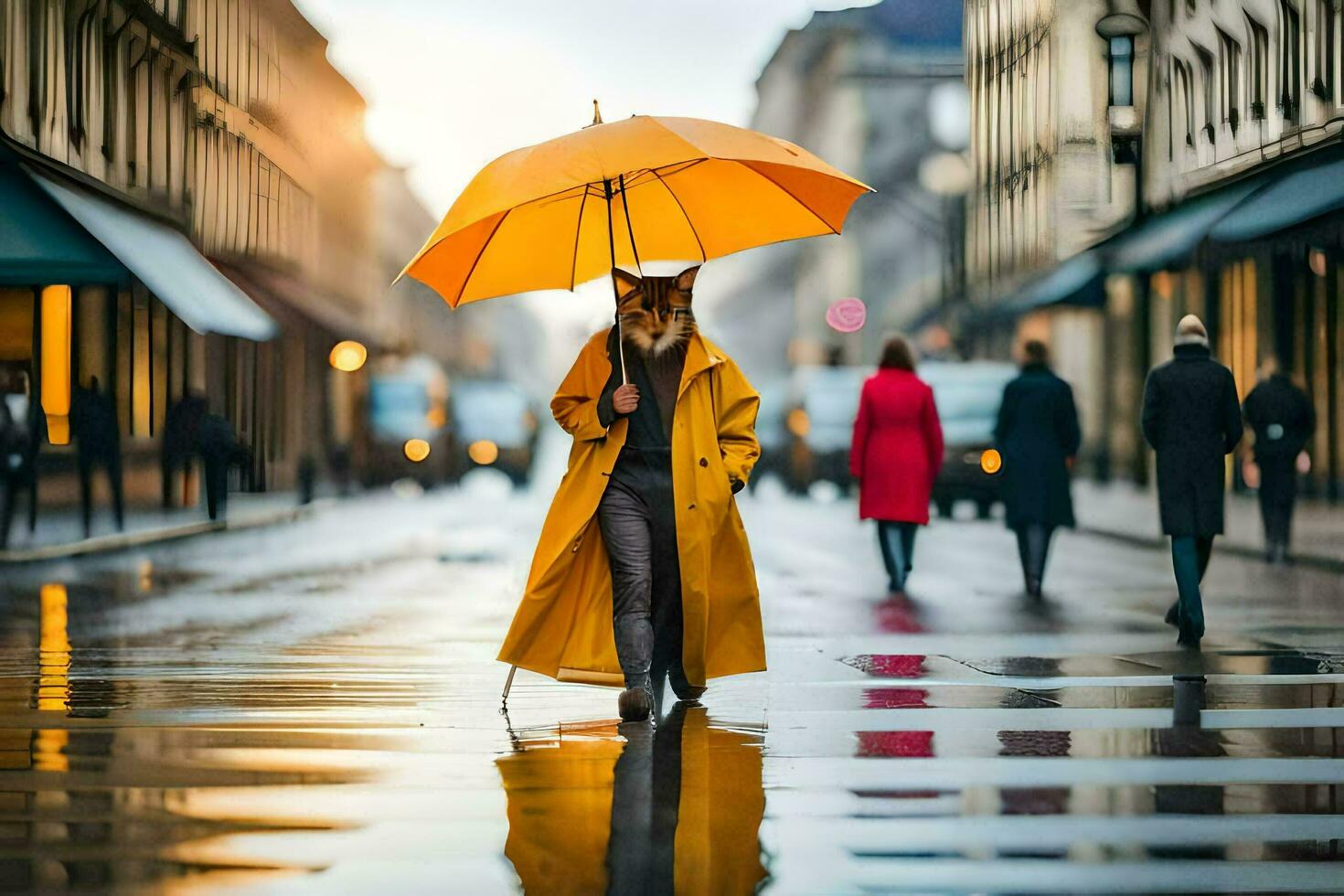 uma mulher dentro uma amarelo casaco e amarelo guarda-chuva caminhando baixa uma rua. gerado por IA foto