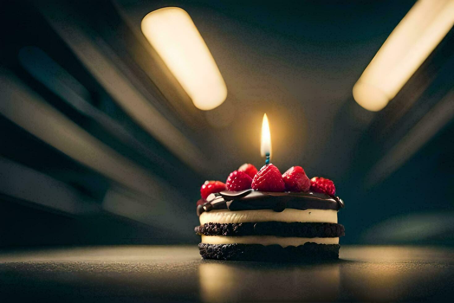 uma solteiro vela é aceso em uma chocolate bolo. gerado por IA foto