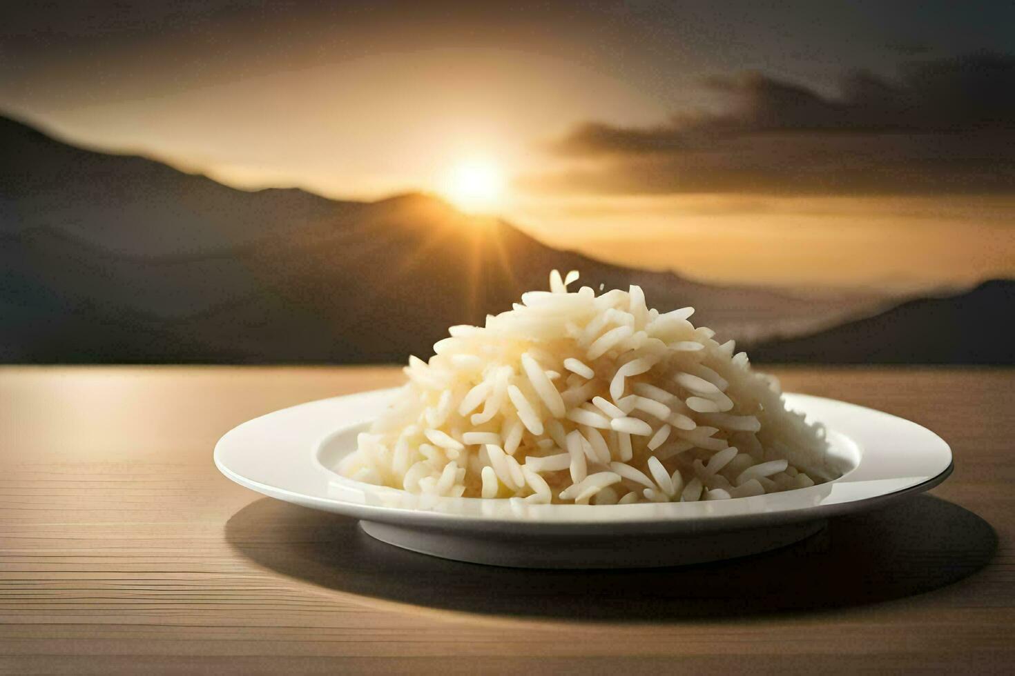 uma prato do arroz em uma mesa dentro frente do uma pôr do sol. gerado por IA foto