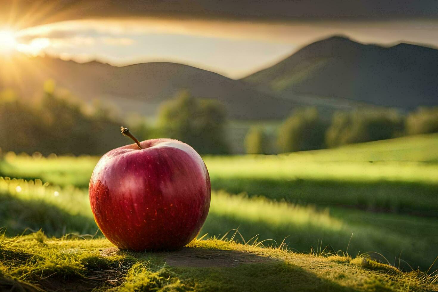 uma vermelho maçã dentro a campo. gerado por IA foto