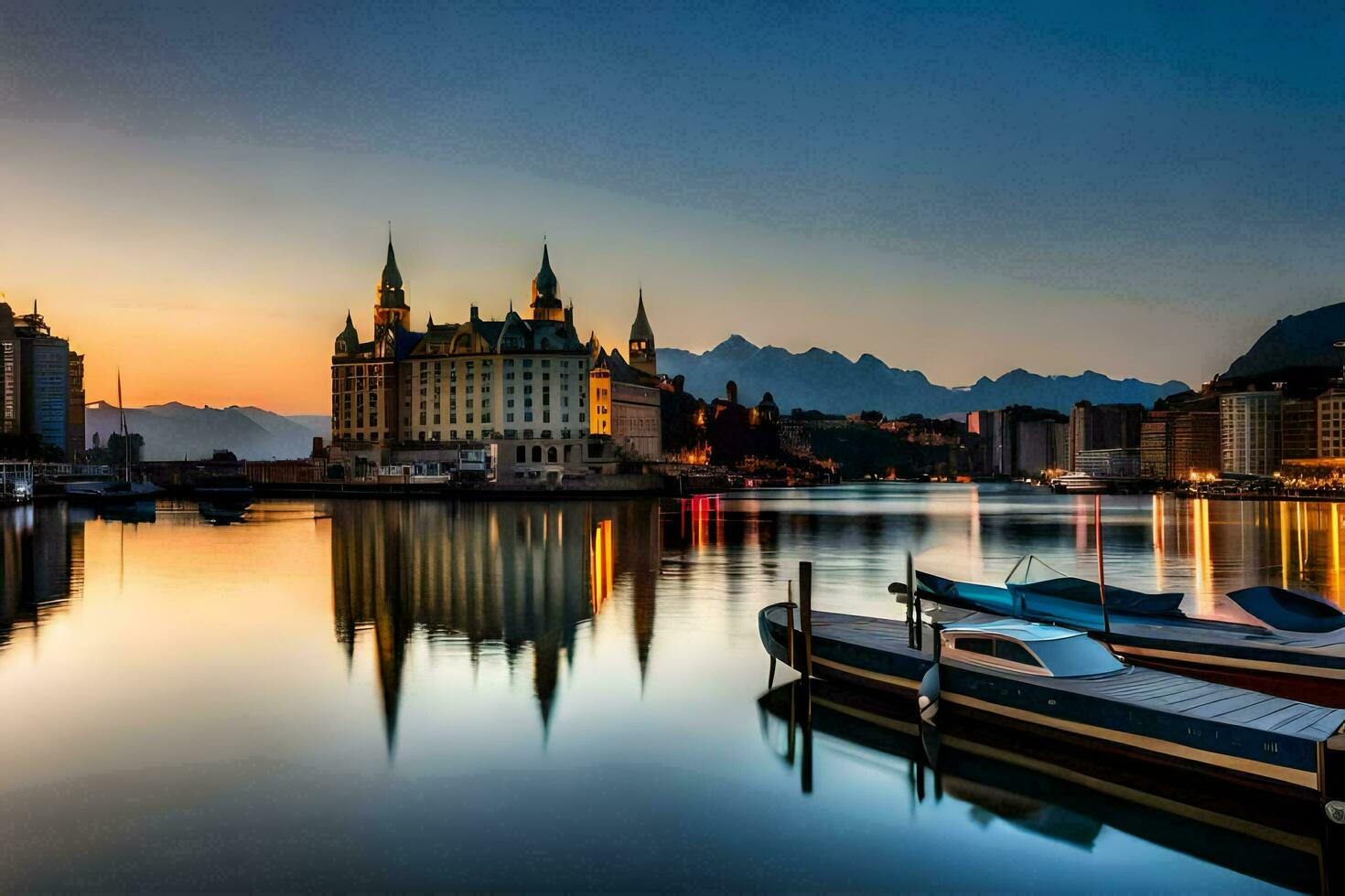 barcos ancorado dentro a água às pôr do sol com edifícios dentro a fundo. gerado por IA foto