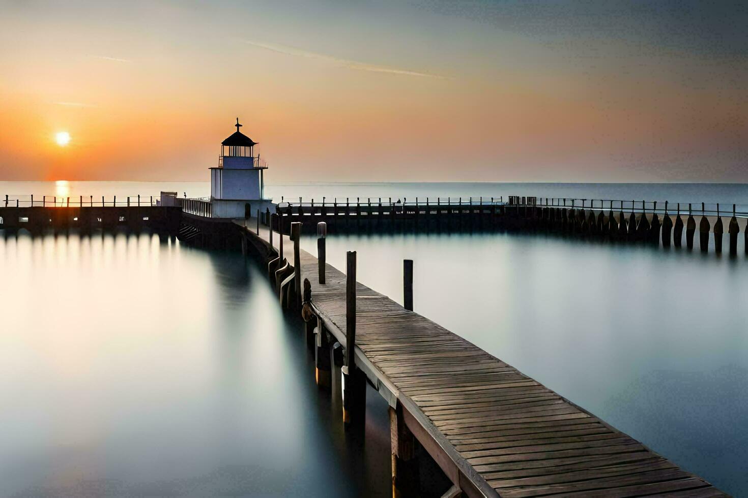 uma farol às pôr do sol em uma cais. gerado por IA foto