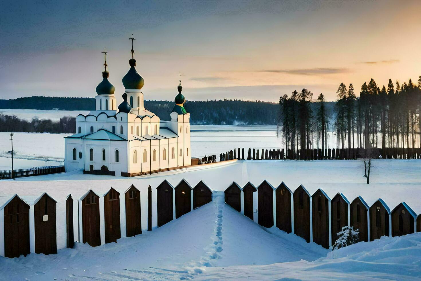 uma Igreja dentro a neve com uma cerca por aí isto. gerado por IA foto