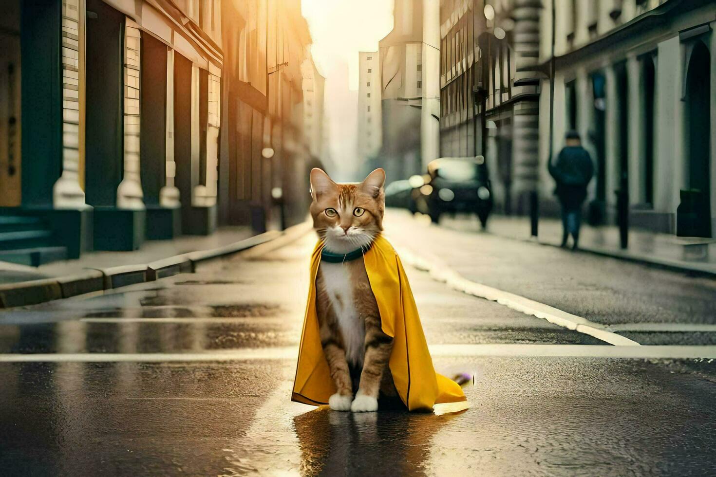 uma gato vestindo uma amarelo capa em uma cidade rua. gerado por IA foto