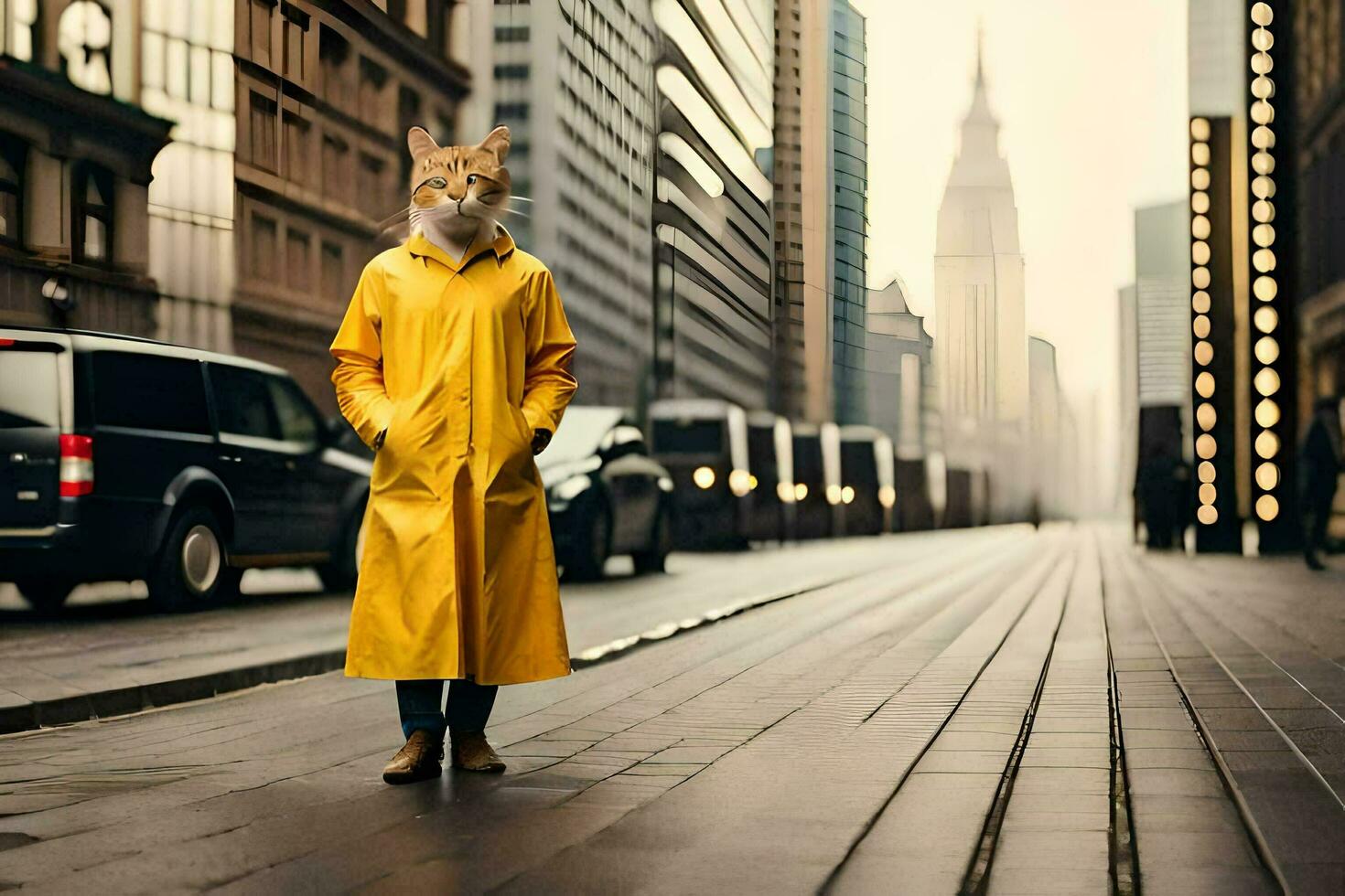 uma pessoa vestindo uma amarelo capa de chuva em pé em uma cidade rua. gerado por IA foto