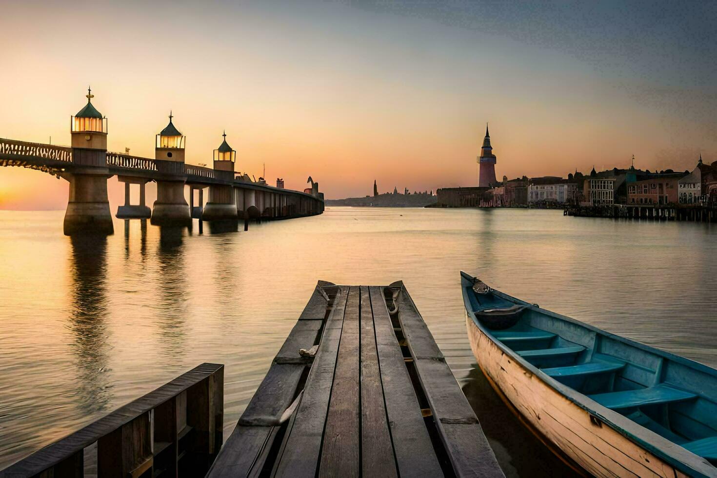 uma barco senta em a doca às pôr do sol. gerado por IA foto