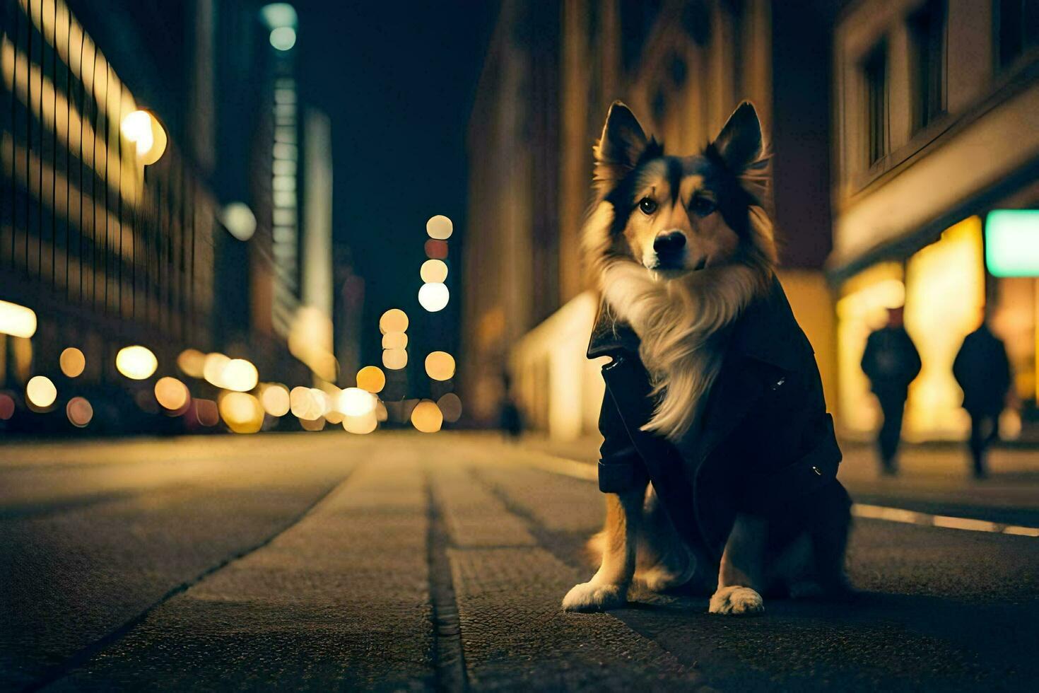 uma cachorro sentado em a rua às noite. gerado por IA foto